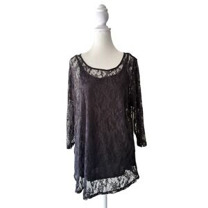 Sejour Womens Plus 0X XL Black Lace Blouse Sheer Lined Scoop Neck Whimsygoth Top